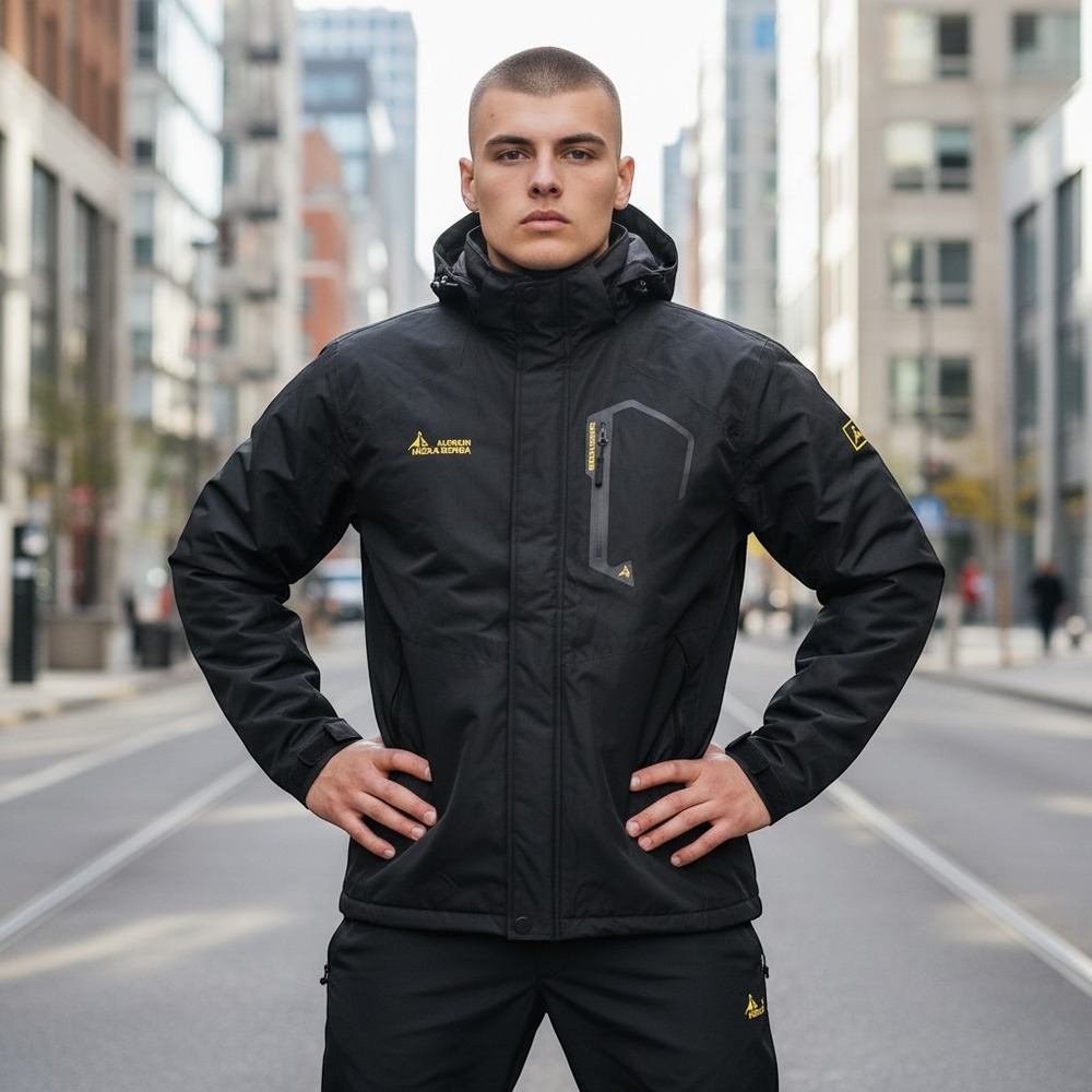 Moerdeng Mens Waterproof Mountain Jacket Black Yellow Full Zip Hooded Coat 2XL